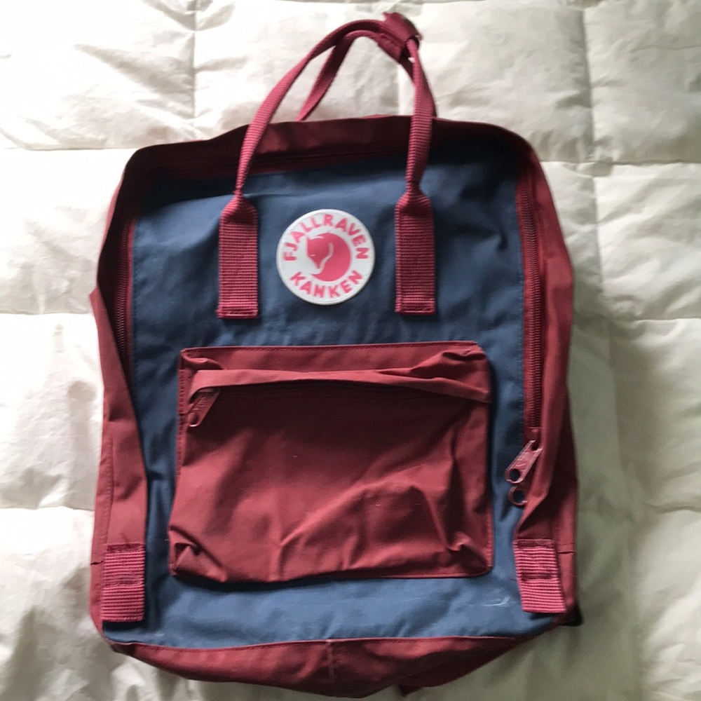 Fjällräven kånken red and blue backpack